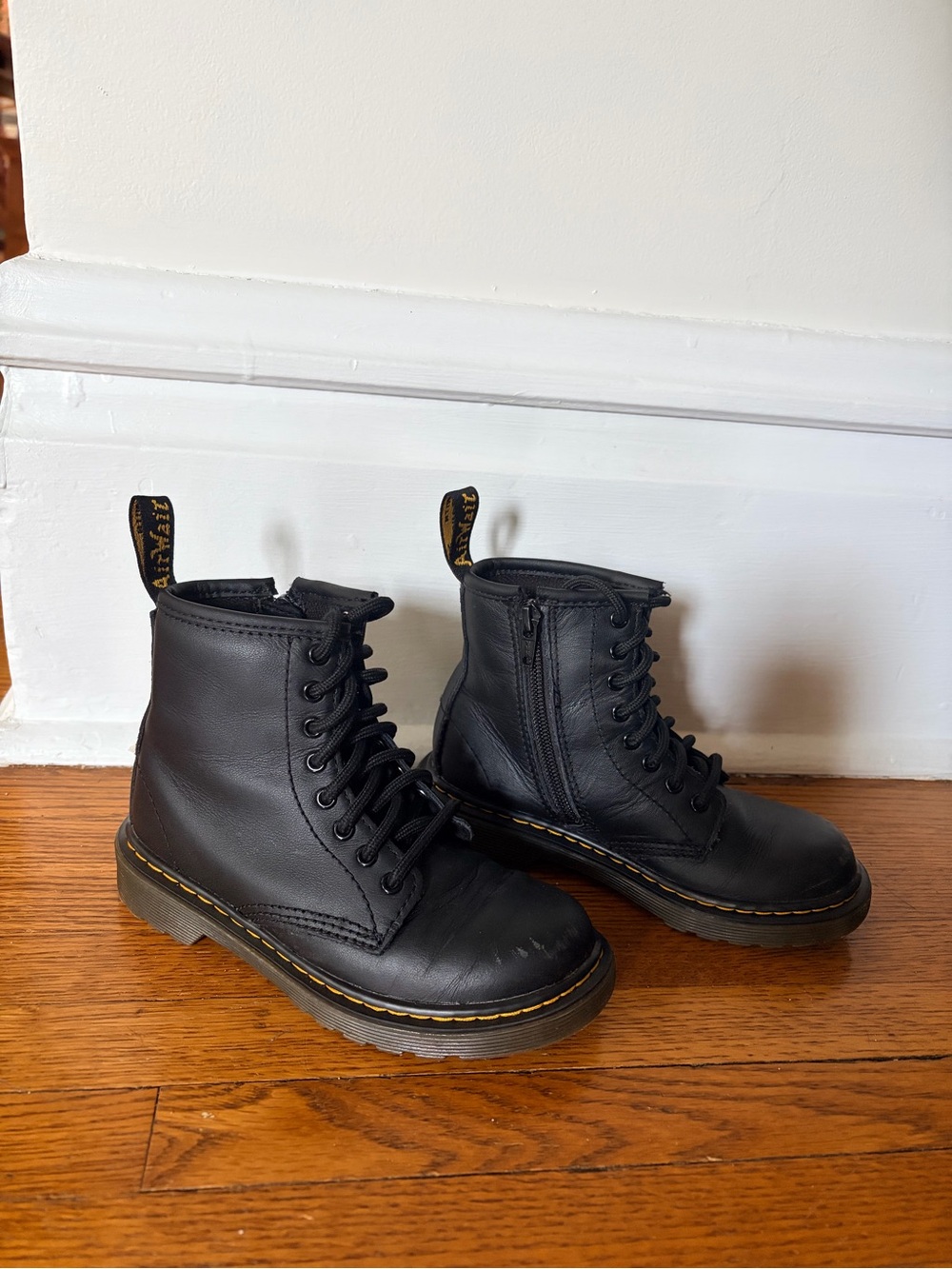 Doc Martens Kids Black Leather Lace-Up Boots with Yellow Stitching